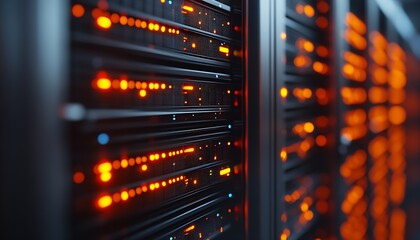 Fototapete - Illuminated server racks in high-tech data center with glowing orange lights for efficient computing. : Generative AI