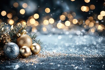 Wall Mural - Festive Christmas ornaments, gold and blue baubles, pine branch, glitter, bokeh lights, snow effect on dark background.