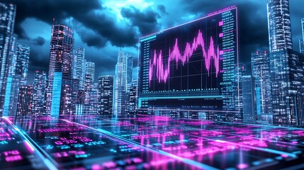Fototapete - Advanced Digital Graph in a Futuristic Urban Environment With Skyscrapers : Generative AI