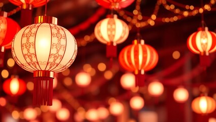 Glowing red lanterns adorning traditional chinese temple at night for chinese new year celebrations.