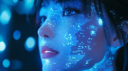 Poster - Digital Portrait Close-Up of Woman with Holographic Data Overlay : Generative AI