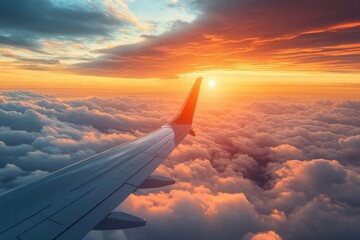 Wall Mural - Airplane flying above clouds during sunset with vibrant colors in the sky