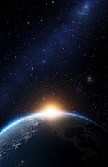 stunning view of earth from space with the sun rising over the horizon, showcasing a celestial and f