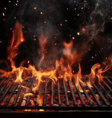 A close-up of a barbecue grill with blazing flames and smoke, capturing the essence of summer cooking and outdoor grilling.