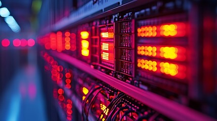 Aufkleber - Illuminated data center servers with vibrant red and blue indicator lights symbolizing digital technology : Generative AI