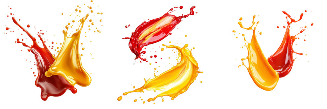 A Set of Artistic Splashes of Ketchup and Mustard Isolated on Transparent Background