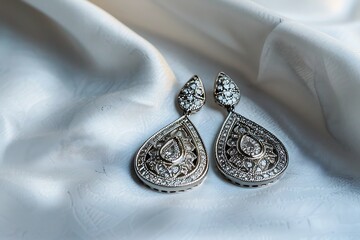 Wall Mural - A pair of diamond drop earrings with intricate scrollwork, showcased on a matte ivory background.