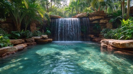 Wall Mural - Majestic waterfall cascading into a serene pool surrounded by lush greenery in a tranquil forest setting