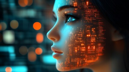 Poster - Cutting-edge digital visage with glowing cybernetic design illustrating AI and technological evolution : Generative AI