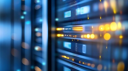 Fototapete - Abstract Data Center with Technological Network and Blurred Server Lights : Generative AI