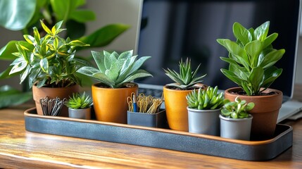 Wall Mural - Modern workspace with wooden desk, plants, and stationary in cozy setting