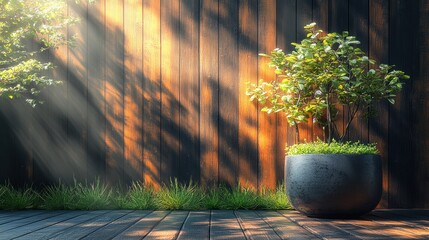 Wall Mural - Sunlit plants in pot against wooden wall.