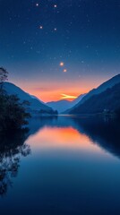 Wall Mural - Sunset over lake reflecting vibrant colors with silhouettes of trees and stars in evening sky