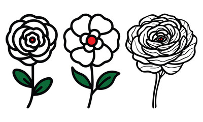 Wall Mural - Stylized Flower Icons with Detailed Outlines, A set of three black-and-white flower illustrations with unique stylized designs, featuring intricate petals and green leaf accents.
