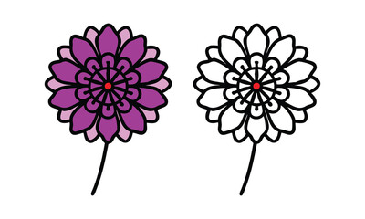 Wall Mural - Purple and Outline Dahlia Flower Icons, Vector illustrations of a dahlia flower in a vibrant purple design and a black-and-white outline, perfect for decorative projects.
