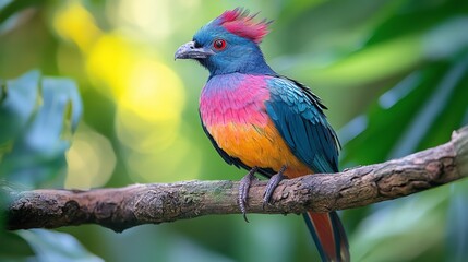 Wall Mural - Colorful tropical bird perched on a branch in lush greenery