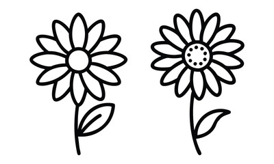 Wall Mural - Black-and-White Daisy Flower Outline Set, Vector illustration of two daisy flowers in black-and-white outline style, showcasing simple petal and stem designs for creative projects.  
