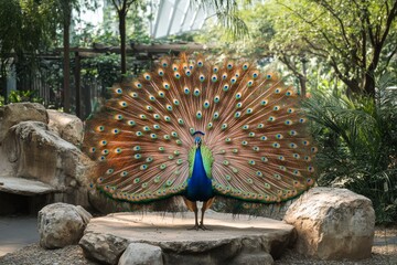 Wall Mural - Vibrant peacock displaying its stunning plumage in a serene garden setting