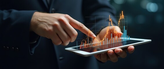 Hand of a businessman with tablet and showing economic statistics.