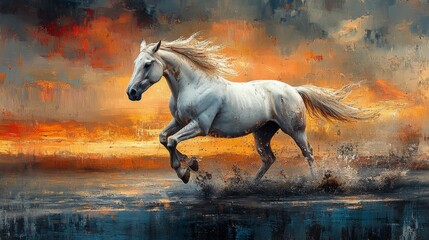 Wall Mural - Majestic white horse galloping through water against a vibrant sunset backdrop