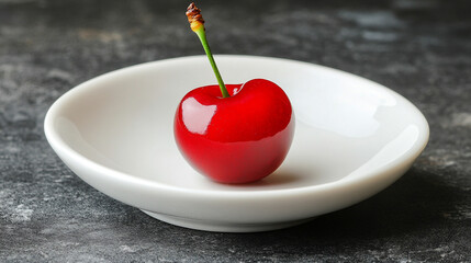 Wall Mural - A single cherry rests on a ceramic plate surrounded by a blurred background symbolizing simplicity solitude fleeting beauty and the delicate balance of minimalism against the chaos of life

