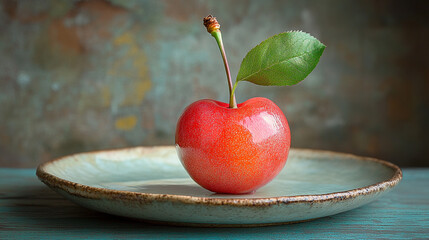 Wall Mural - A single cherry rests on a ceramic plate surrounded by a blurred background symbolizing simplicity solitude fleeting beauty and the delicate balance of minimalism against the chaos of life

