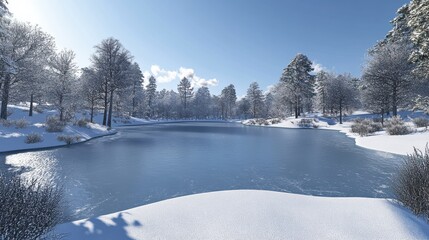 Wall Mural - A serene winter landscape with a frozen lake surrounded by snow-covered trees.