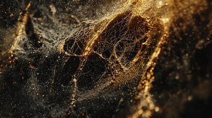 Golden dust on dark spiderweb, macro.