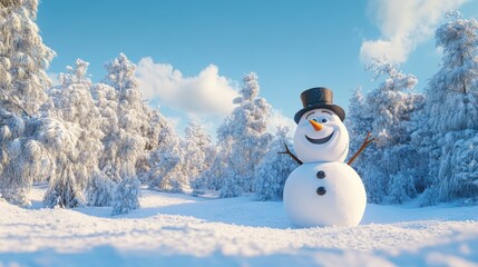 Sticker - A cheerful snowman stands in a snowy forest under a clear blue sky.