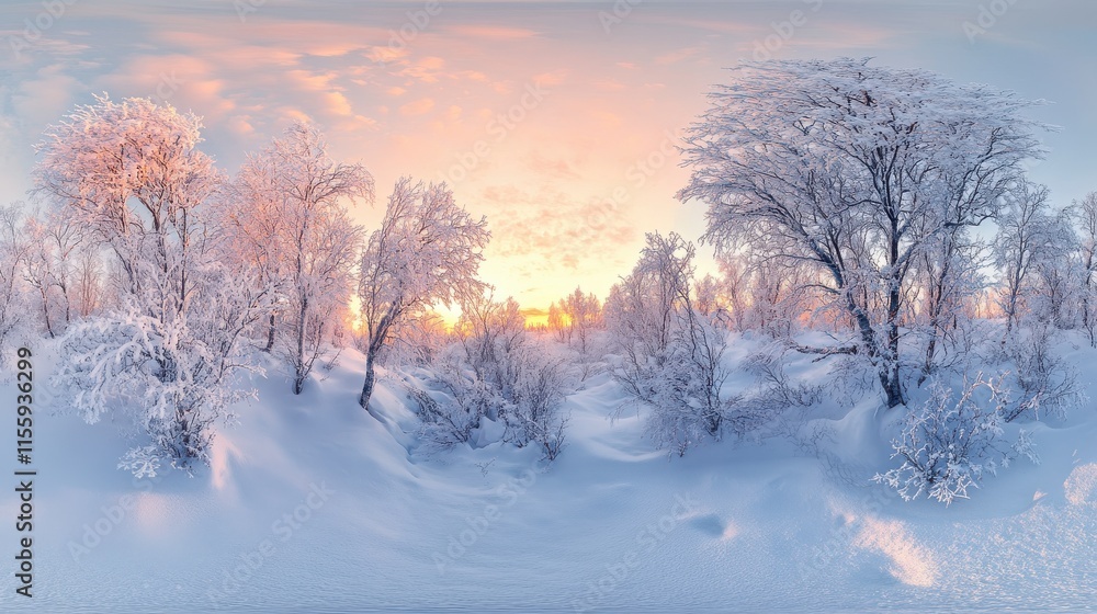 Photo of a snowy panoramic landscape at sunset, frozen trees in Saariselka, Lapland, Finland, winter snow scene web banner