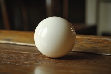 Wall Mural - White spherical object resting on wooden surface with soft lighting and shadow effects