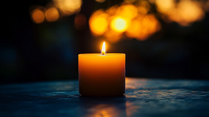 A single lit candle on a plain table surrounded by a modern blurred background symbolizing simplicity hope resilience and calm amidst chaos creating an atmosphere of introspection and balance

