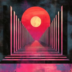 Wall Mural - Painting of a long hallway with a red sun in the sky