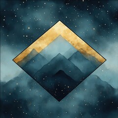 Wall Mural - Painting of mountains and stars with a gold border