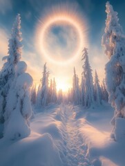 Wall Mural - Wintry forest scenery in Finland. Sunrise behind the forest with halo effect.