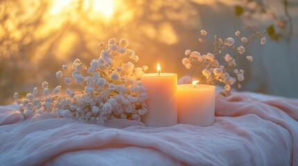 Sticker - A serene Valentine's Day setup featuring soy wax candles and herbal teas on a textured linen tablecloth, illuminated by soft golden hour light