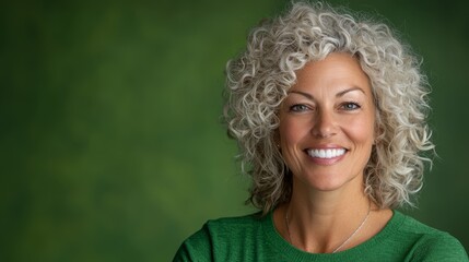 A woman with curly hair smiling at the camera