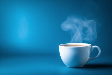 Wall Mural - Steaming cup of coffee against a blue background in morning light