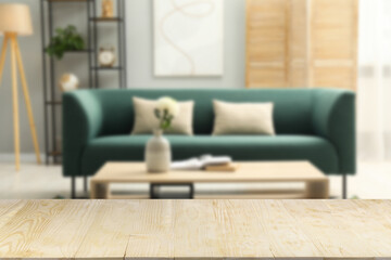 Wall Mural - Empty wooden table in beautiful living room. Space for design