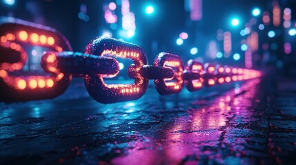 Glowing metal chain on dark background with neon lights.