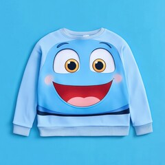 Blue kids sweatshirt with cartoon face print.