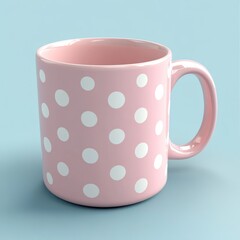 Wall Mural - Pink polka dot mug on blue background.