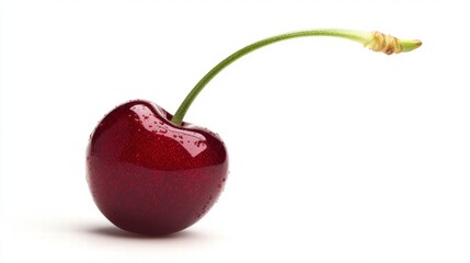 A glossy red cherry with a long stem and a shiny finish isolated on a white background --no shadows