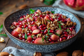 Wall Mural - Colorful fruit salad with nuts served in a rustic bowl during a sunny afternoon