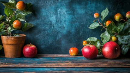 Wall Mural - Fresh apples and yellow fruits displayed on a wooden table with green leaves in a vibrant setting