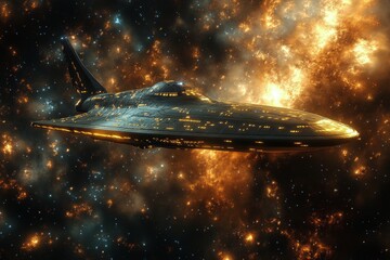 Wall Mural - Futuristic spacecraft navigating through a starry galaxy with glowing lights and cosmic clouds