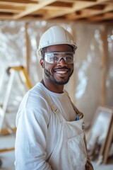 Wall Mural - Smiling construction worker in safety gear at a building site during daylight