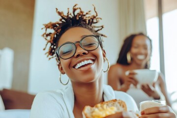 A mother and her teenage daughter, who is Caucasian, are discussing matters over dinner in the kitchen.