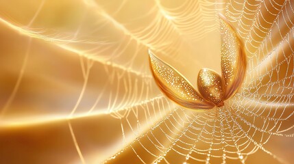 Celebrating the Interconnectedness of Nature and Life captured in macro photography, focusing on the intricate lattice of a spider’s web glistening with dew under golden light.