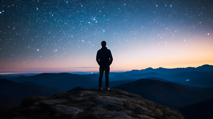 silhouette of a man on a mountain top under a beautiful starry night sky